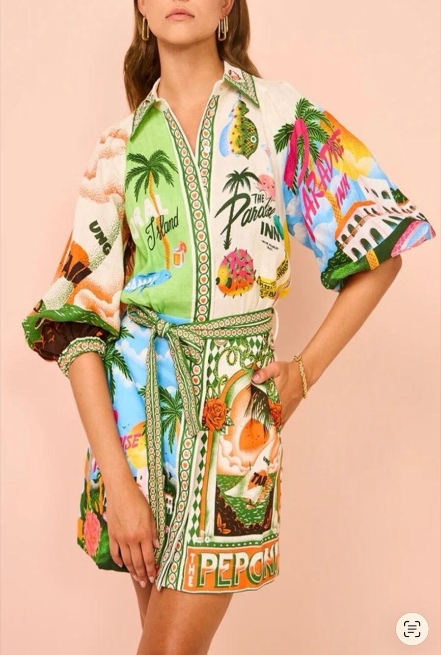 SUNDAY UP Dress Medium Resort Print Bubble Sleeve Shirt Dress Pockets Tropical